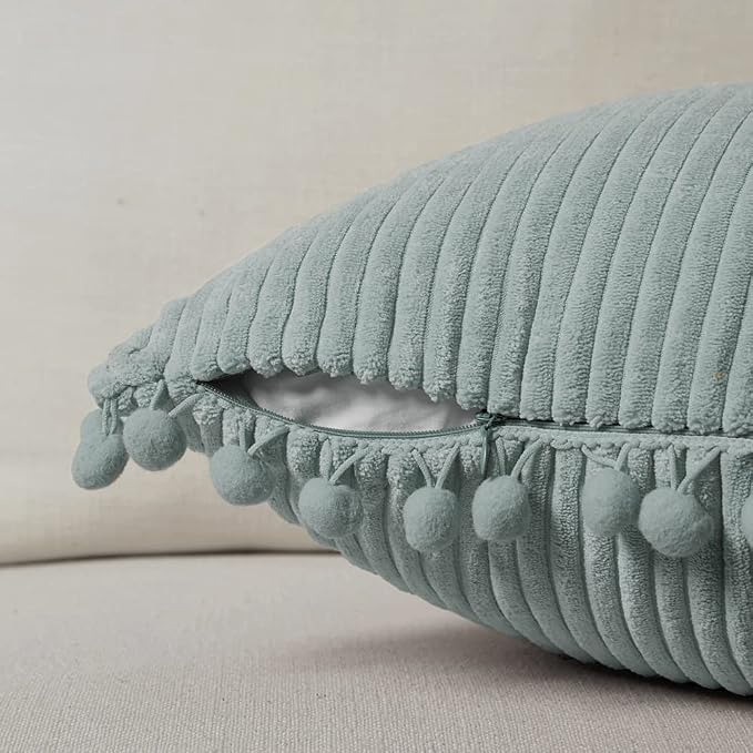 Fancy Homi Pack of 2 Farmhouse Decorative Throw Pillow Covers with Pom-poms, Soft Corduroy Solid Square Cushion Cases Set for Couch Sofa Bedroom Car Living Room (18x18 Inch/45x45 cm, Grey Blue)