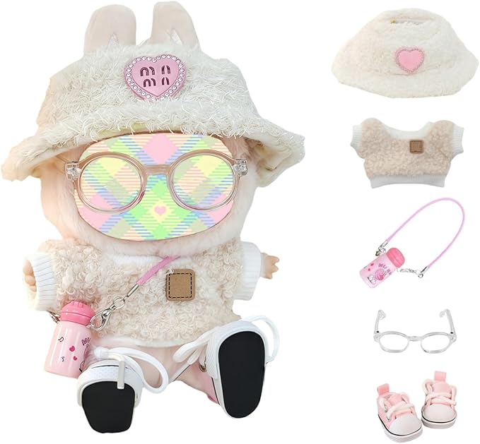 Clothes Set for Dolls Accessoriess (No Doll), Cute Kawaii Outfit Set 5 Pieces for 15cm 17cm Doll, Dress Up Doll Clothing Set Replacement with Hat Glasses Sweater Shoes