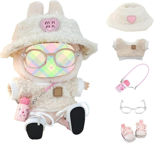 Clothes Set for Dolls Accessoriess (No Doll), Cute Kawaii Outfit Set 5 Pieces for 15cm 17cm Doll, Dress Up Doll Clothing Set Replacement with Hat Glasses Sweater Shoes
