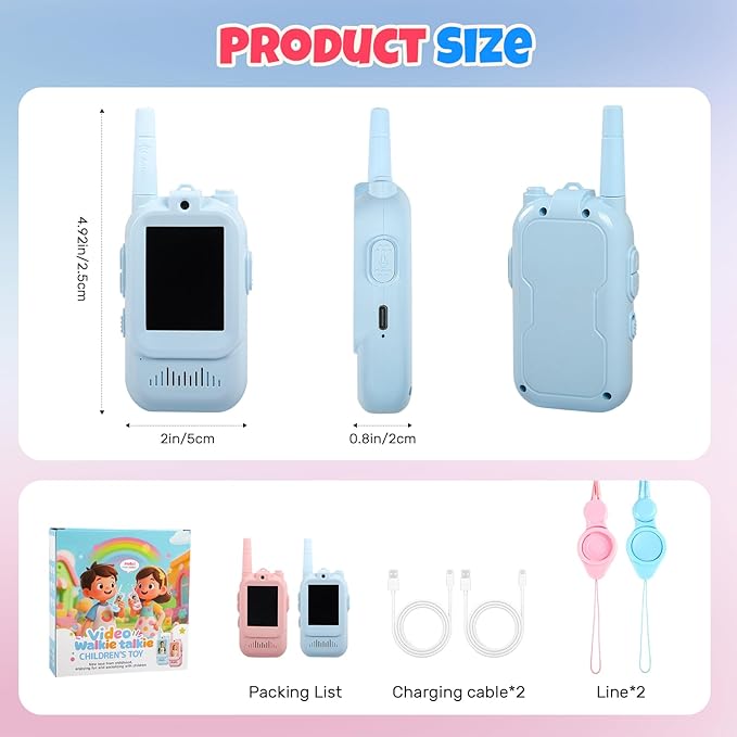 Video Walkie Talkies for Kids, 2 Pack Rechargeable, Long Range Voice & Video Communication, HD Camera, Fun Voice Effects, Ideal for Boys & Girls Ages 3-10, Indoor & Outdoor Play-Blue/Pink
