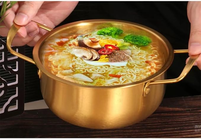 Korean Ramen Cooking Pot 17.6cm - Stainless Steel Mini Hot Pot Design Noodle Pot for Induction & Gas Stove, Easy-Clean Gold