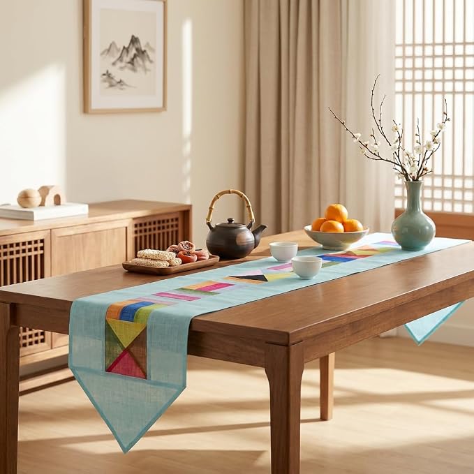 Korean Bojagi Table Runner Sky Blue Ramie Patchwork Dining Table Runner | Traditional Korean Patchwork Decor, Farmhouse Table Accent, Lightweight Ramie Fabric, Everyday Dining & Seasonal Display