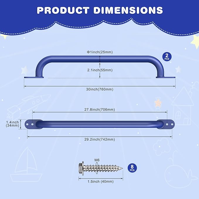 Dolibest 30 Inch Metal Safety Handles, Playground Ladder Handle, Long Grab Handles for Kids Playhouse, Treehouse, Rock Climbing Wall, Swing Set Accessories, Indoor & Outdoor Use (2PCS)-Blue