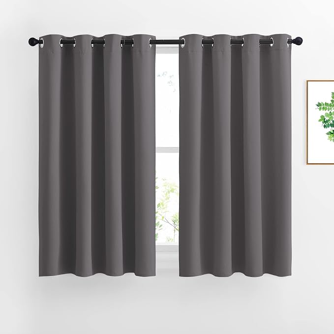 NICETOWN Blackout Short Kitchen Window Curtains for Bedroom - Window Treatment Thermal Insulated Solid Grommet Blackout Drapes for Bathroom, Grey, 2 Panels, W52 x L45