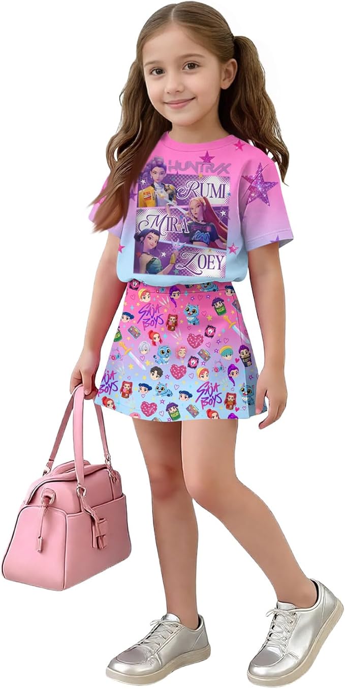 HTHLVMD K Pop Short Sleeve T-Shirt and Skirts Outfits Set for Girls Hunters Rumi Mira Zoey Graphic Tees De-Mon Costume