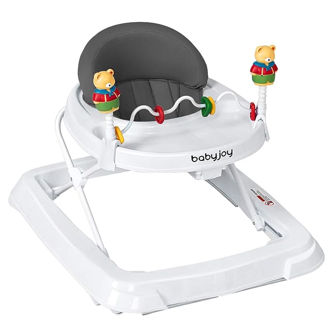 BABY JOY Baby Walker, Foldable Activity Walker with Adjustable Height, Large Tray & Removable Toys, Baby Walker with Wheels for Boys Girls 6-18 Months (Gray)