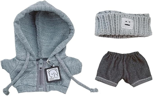 niannyyhouse 10cm-15cm Plush Doll Clothes Headband Coat Jeans Compatible with 17cm Labubu Doll (Gray+Black)