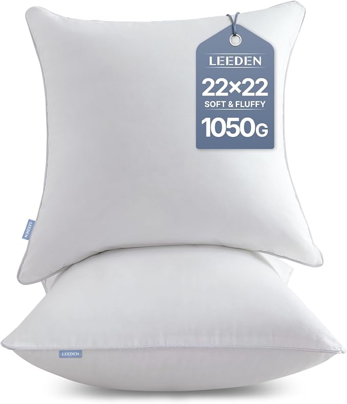 Leeden 22 x 22 Pillow Inserts (Set of 2) - Throw Pillow Inserts with 100% Cotton Cover - 22 Inch Square Decorative Pillows for Sofa, Couch, Bed and Home Decor