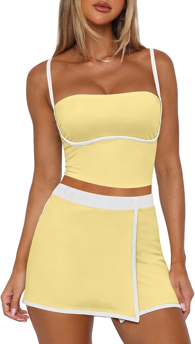 Tennis Skirt Sets Women 2 Piece Outfits Workout Sets Spaghetti Strap Tank Top and Skort Set Athletic Gym Yoga Outfits