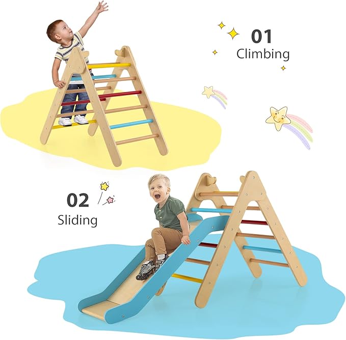OLAKIDS Pikler Triangle Set 2 in 1 Climbing Toys for Toddlers Foldable Wood Montessori Baby Jungle Gym with Ladder Ramp Slide Kids Indoor Playground Activity Play Structure