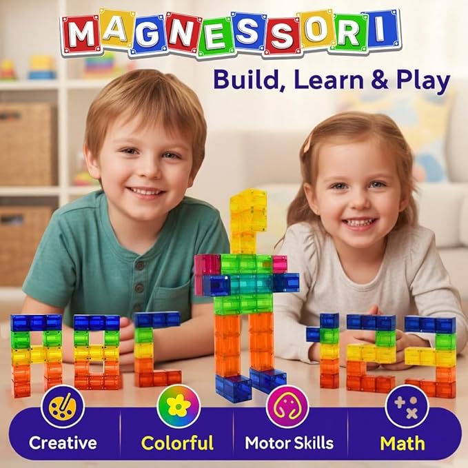 Magnetic Building Blocks – 48PCS Montessori Inspired STEM Building Cubes for Kids – Educational Toys for Toddlers & Preschoolers Colorful Safe & Durable Magnet Cubes for Creative Learning