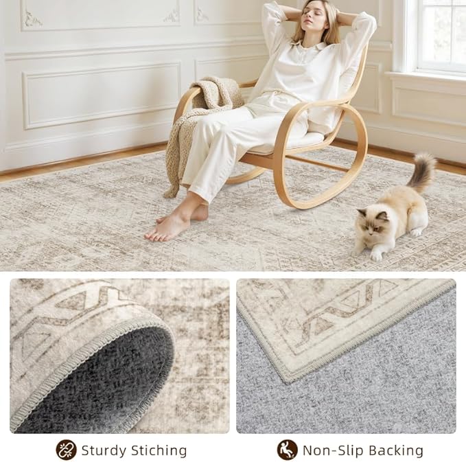 3x5 Area Rugs for Living Room: Vintage Boho Neutral Washable Rug Indoor Soft Large Area Rug Carpet for Bedroom Nursery Farmhouse Dining Room Office Floor Non-Slip Low Pile Under Table Rug Brown