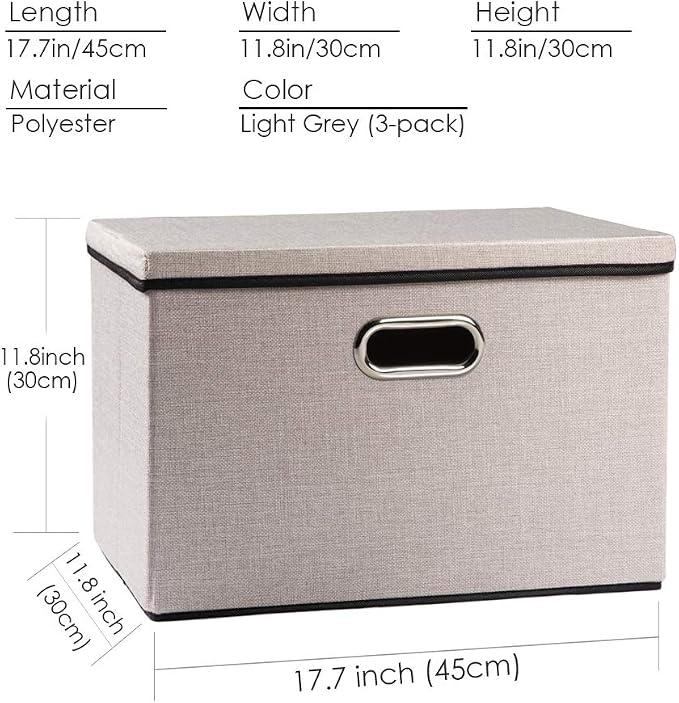 Large Foldable Storage Bins with Lids [3-Pack] linenFabric Decorative Storage Boxes Organizer Containers Baskets Cube with Handles Divider for Bedroom Closet Office Light Grey(17.7x11.8x11.8)