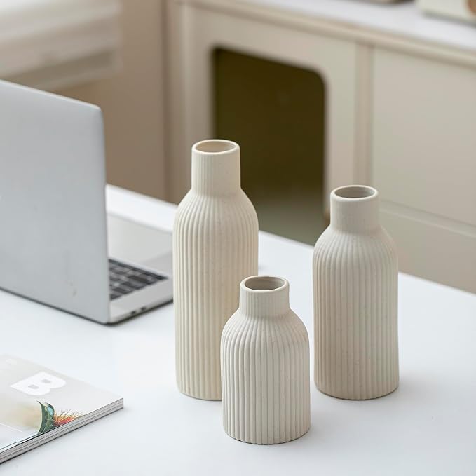 Modern Ceramic Vases Set of 3, Beige Ribbed Decorative Vases, Table Centerpiece for Home Decor (Beige)