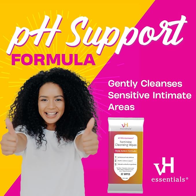 vH essentials Feminine Cleansing Wipes - pH Balanced, Prebiotics, Tea Tree & Aloe, Soothing Witch Hazel, Odor-Blocking Formula, Vaginal and Perianal Care, Paraben, Alcohol, and Fragrance-Free
