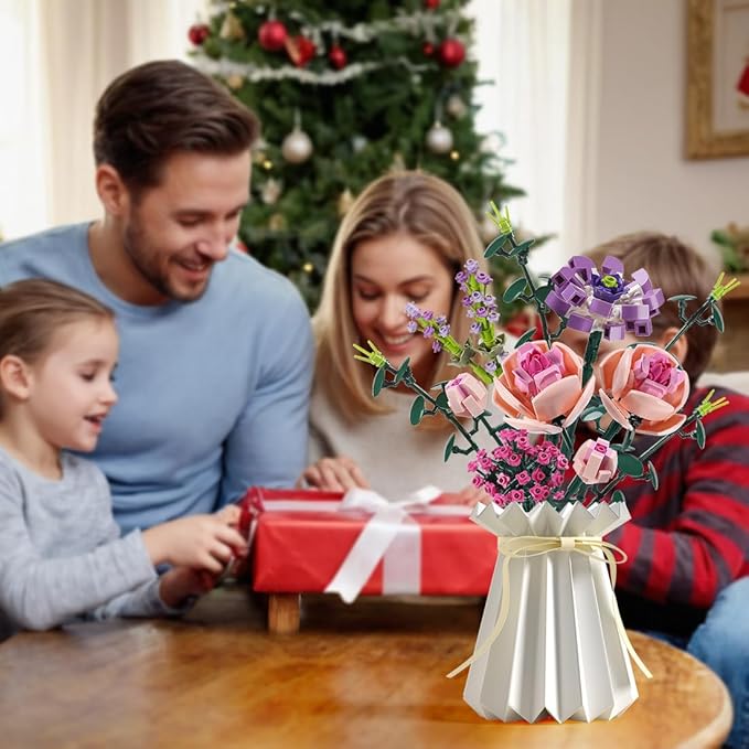 Flower Bouquet Building Blocks Sets Pink Rose Bricks with Vase Creative Toys Kits Mother's Day Birthday for Adults Mom Women Girlfriends Old Kids 6-12 8-12 (413PCS)
