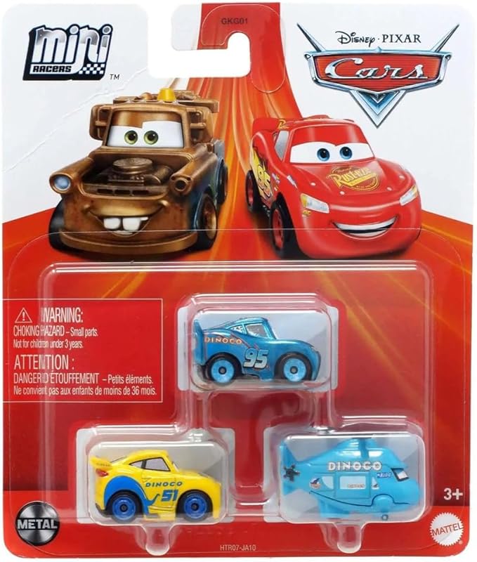 Disney Cars Mini Racers 3 Pack Sponsored by Dino Rotor Turbosky, Dinoco Cruz Ramirez, Dinoco Lightning McQueen