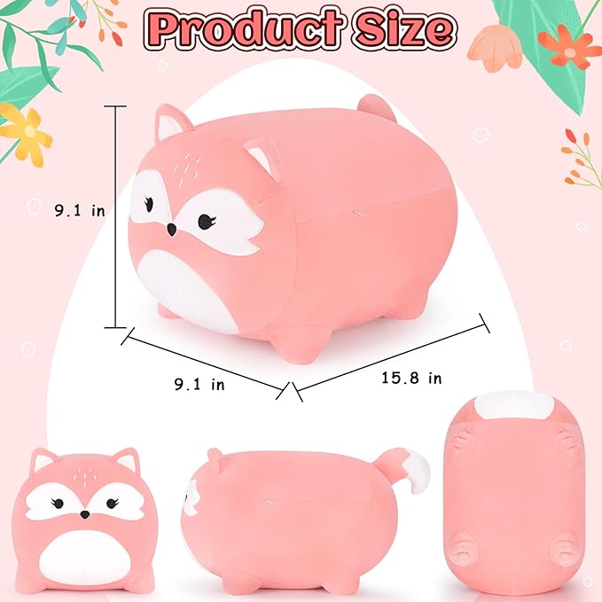 Auspicious beginning Fox Plush Stuffed Animal-16'' Pink Pillow, Cute Plushies, Toy Kawaii Animal Plushie Hugging Pillow Christmas Birthday Gifts for Kids Girls Boys Girlfriend