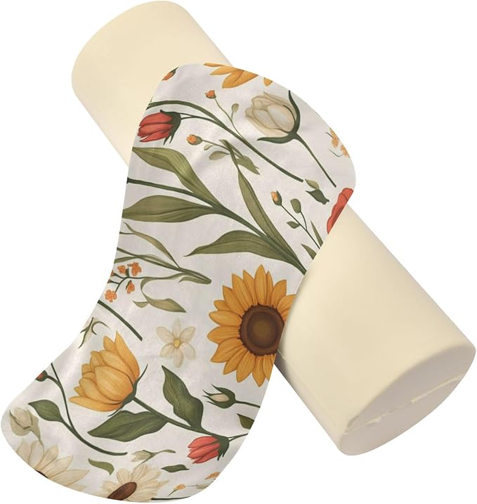 Sunflowers and Roses Beige Neck Roll Pillow Bolster Round Health Memory Foam Long Cervical Cylinder Pillows with Removable Washable Cover for Body Bed Legs Back Yoga