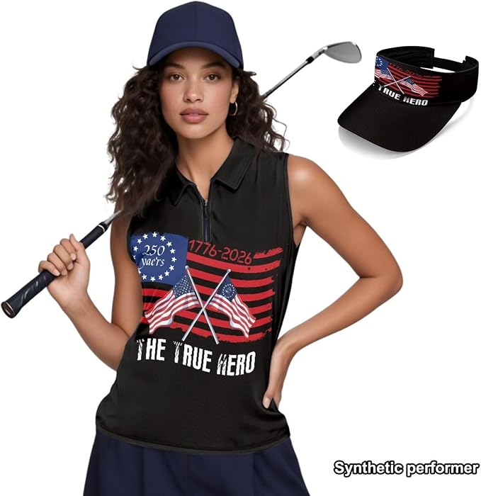 POLERO Golf Tank Top Women Golf Shirts and Visor Hat Collared Racerback Tennis Shirt Set Quarter Zip