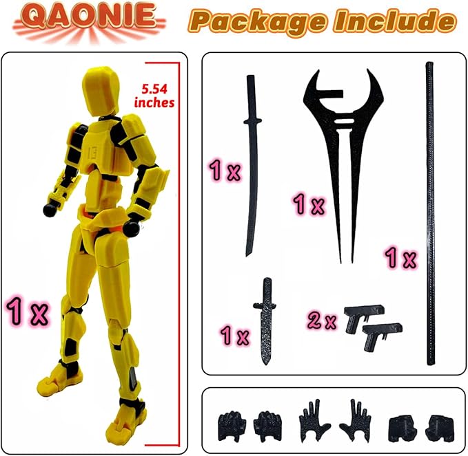 3D Printed 5.54-inch Multi-Jointed Action Figures Dummy13, Full Body Mechanical Movable Toy, Multiple Accessories, Hand Painted Figure, Desk Decoration, Creative Gifts (Bright Yellow)