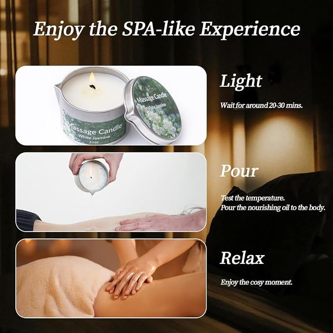 Massage Oil Candle for Body Relaxation and Stress Relief, Low Temp Scented Soy Wax Candle Melt to Silky Oil for Skin Care 2.3 OZ (White Jasmine)