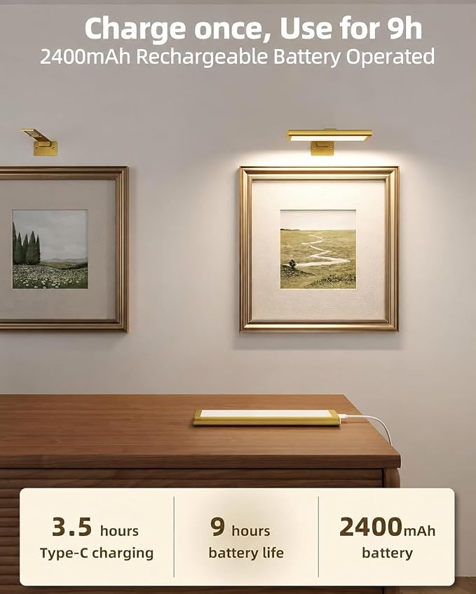 EZVALO Picture Light for Wall, Rechargeable 2400mAh Gold Lights Wireless with IR Remote, 3 Color & Dimmable Magnetic 7.87'' LED Lights Display for Painting, Living Room, Gallery, Bedroom Art (2P)