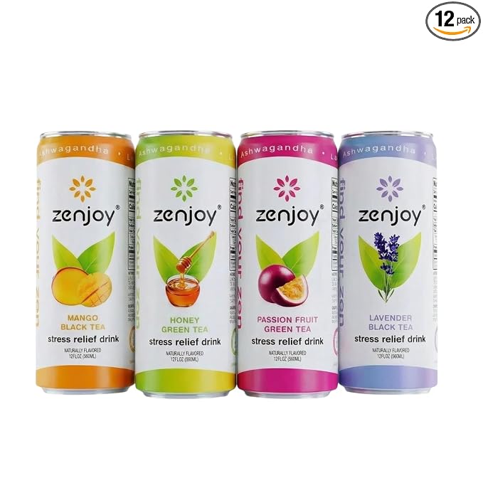 Zenjoy Adaptogen Drink Stress Relief Tea | Non Alcoholic Calming Drink w/Ashwagandha, Lemon Balm & L-Theanine for Focus | Stress Tea Calming Social Mocktail with Adaptogens (12 Pack, Variety)