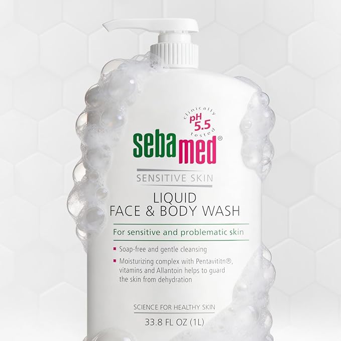 SEBAMED Sensitive Skin Face and Body Wash for Women and Men, pH 5.5, Mild Gentle Hydrating Cleanser, Hypoallergenic Body Wash, Dermatologist Recommended, 33.8 Fluid Ounces (1 Liter)