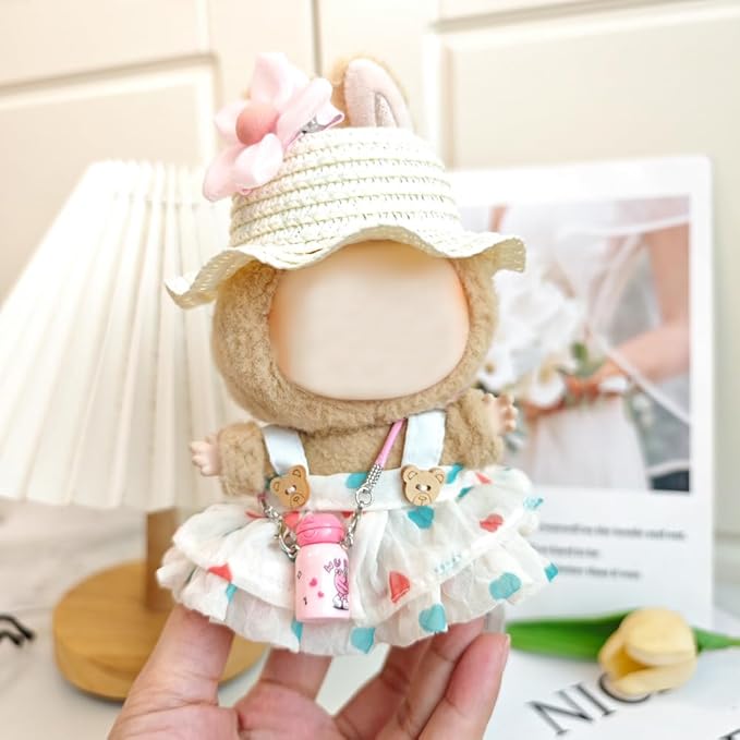 One Set Kawaii Doll Clothes for 17cm Plush Dolls -Floral Collection Dress + Hat + Bag + Hair Clip Fits 6.7 Inch Mini Dolls (No Doll No Glasses)