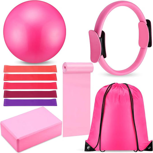 Silipull 10 Pcs Pilates Ring Blocks Set for Women Home Yoga Equipment Accessories Pilates Ring Circle and Ball Workouts Gift Include Ball Yoga Circle Resistance Bands Block Straps Gym Bag