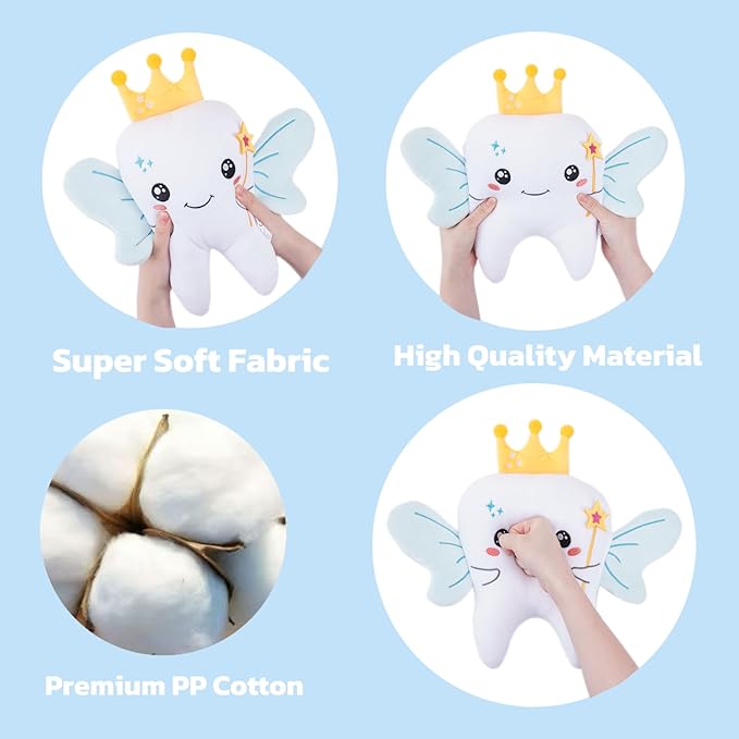 Tooth Fairy Plush Holder Gift – 12 Inch Tooth Pillow Crown Blue Wings Star Wand Kids' Tooth Fairy Gift for Boys Girls with Pocket