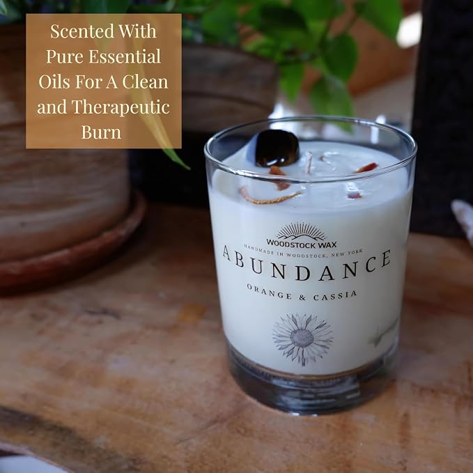 Candlestock Abundance Soy Wax Candle, Sweet Orange & Cassia Essential Oils, Tiger's Eye & Orang Peel Topped, Handmade in NY