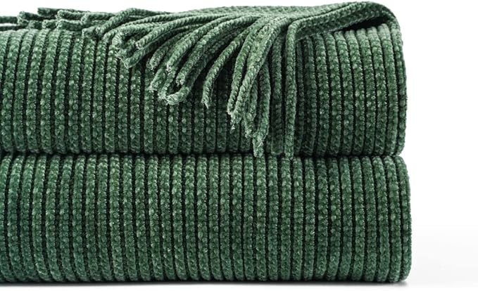 BATTILO HOME Dark Green Throw Blanket for Couch, 50"x60" | Soft Chenille Knit Throws with Tassels for Home Decor, Spring Green Throws for Couch Cover