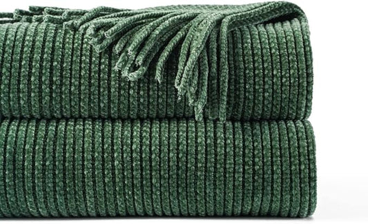 BATTILO HOME Dark Green Throw Blanket for Couch, 50"x60" | Soft Chenille Knit Throws with Tassels for Home Decor, Spring Green Throws for Couch Cover