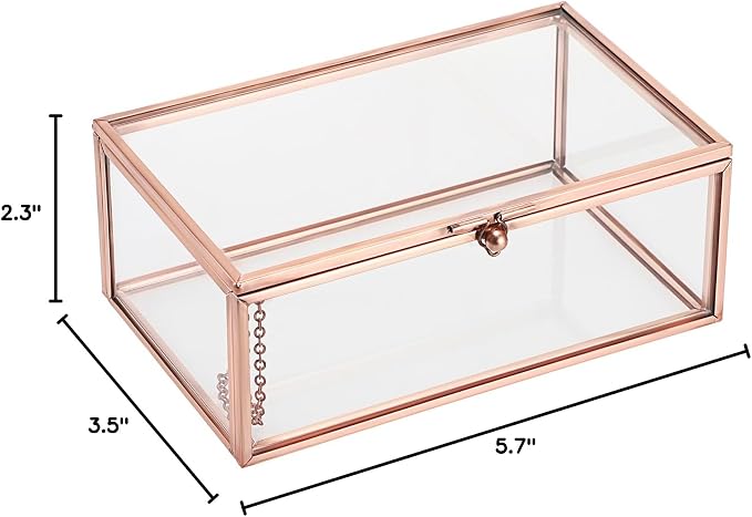 Hipiwe Vintage Glass Keepsake Box Rectangle Jewelry Display Organizer Lidded Box Home Decor Glass Decorative Box for Trinket Rings Earrings Bracelet, Rose Gold, Small