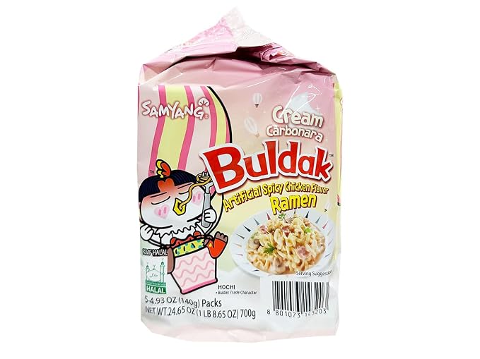 Samyang Buldak Hot Spicy Chicken Flavor Ramen,Korean Stir-Fried Instant Package Noodle Cream Carbonara,1 Bag with 5 Pack,4.93 OZ