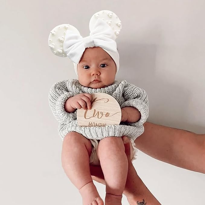 JIAHANG White Velvet Mouse Ears Turban Headwrap with Beads, Wide Hair Bow Headband for Baby Girls, Infants, Toddler, Kids, Party Supplie