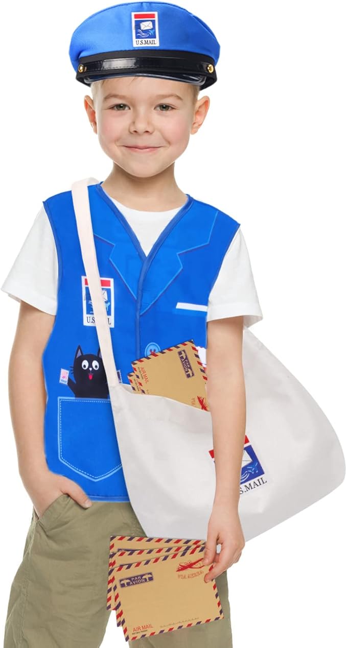 Kids Mailman Costume Mail Carrier Hat Mr. Postman Canvas Bag Vest Envelopes For Halloween Career Day Postal Costume