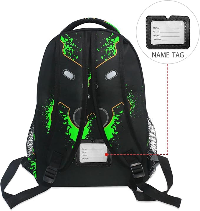 Green and Black Video Game Boys Girls Kids School Backpacks Bookbag, Elementary School Bag Travel Backpack Daypack