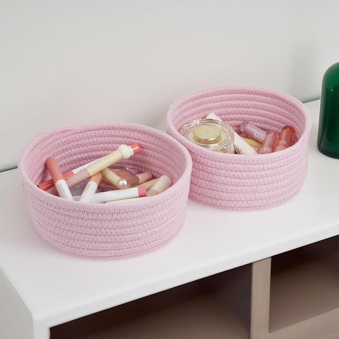 Small Woven Cotton Rope Baskets, Set of 3, Pink | Mini Round Baskets, Gift and Storage Baskets, Nursery Organizer, Bathroom Countertop Bins, Decorative Boho Decor