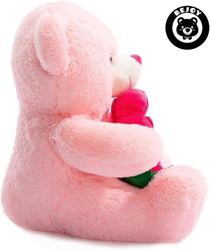 BEJOY Teddy Bear Stuffed Animals Plush Bear Holding Rose Soft Plush Toy Gifts 16 inches Pink