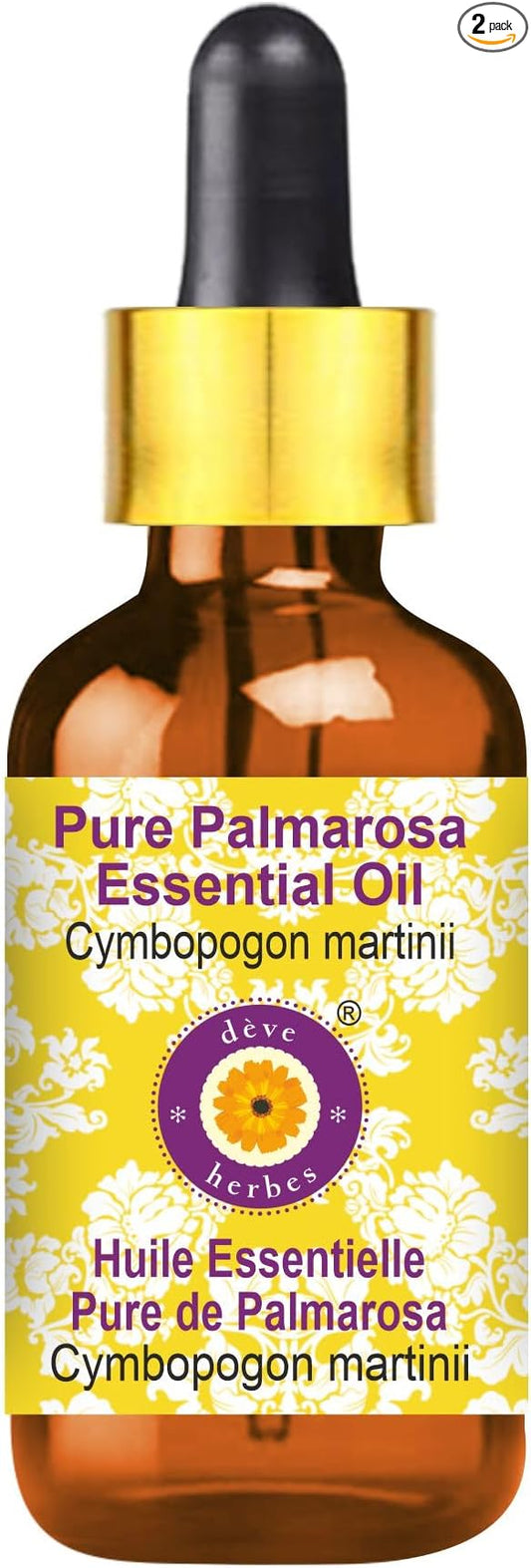 Deve Herbes Pure Palmarosa Essential Oil (Cymbopogon martinii) with Glass Dropper Steam Distilled 10ml (0.33 oz)