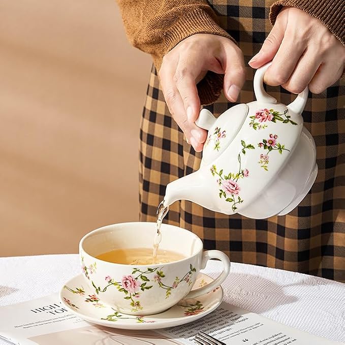 Coloch Tea for One Set, Porcelain Teapot Cup and Saucer Set with Tassel Vintage Floral Ceramic Tea Set for One for Women, Home, Office, Afternoon Tea, Rattan Flower Design