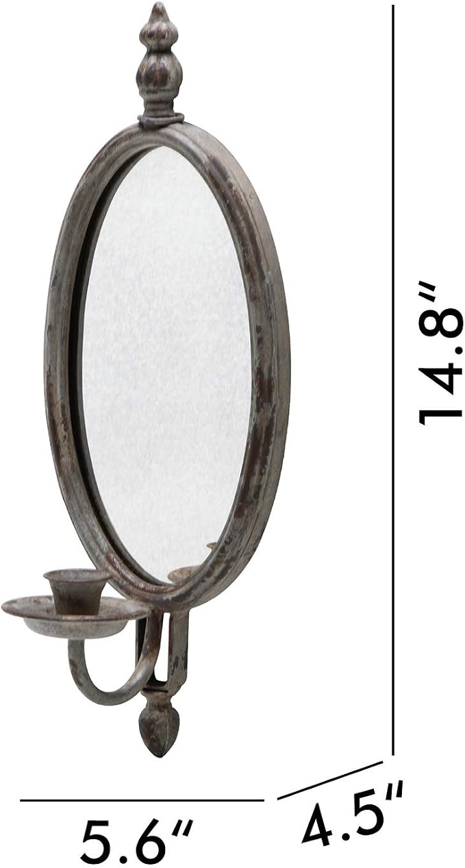 SOFFEE DESIGN 2PCS Antique Metal Candle Sconces Candlestick Holder Wall Mounted Distressed with Oval Faded-Looking Mirror