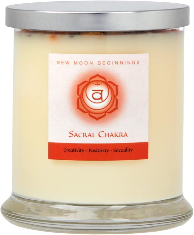 Sacral Chakra Candle by New Moon Beginnings - Chakra Candles - Dried Flower, Herb, & Crystal Candles - Aromatherapy Candles - Soy Candle - 12oz Glass Jar