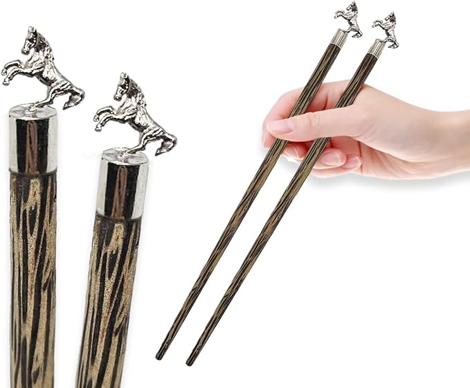 Wooden Chopsticks 9⅞" Long Coconut Palm Wood Chopstick With Metal Horse Top Eating Utensils Oriental Cutlery Asian Tableware Decorative Dinnerware to Serve Chinese Japanese Korean Food