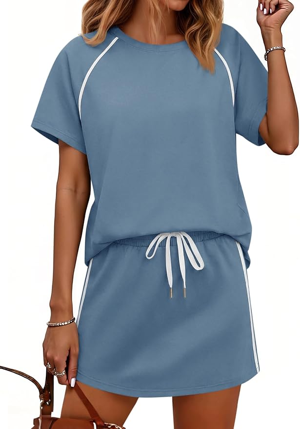 Womens 2 Piece Skirt Sets Summer Tennis Outfits Vacation Skort Set | Two Piece Sets, Short Set, Athletic Workout Golf Outfits, Crew Neck, Color Block, Drawstring, Workout Mathcing Lounge Sets