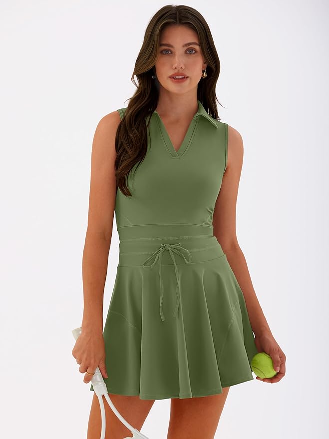 Caracilia Women's 2 Piece Tennis Dress Set-Polo Neck Sleeveless Mini Dresses with Shorts,Golf Casual Workout Athletic Sports
