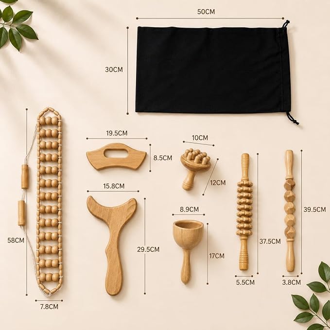 7-in-1 Wood Therapy Massage Tools Set, Wood Therapy Kit for Lymphatic Drainage, Maderoterapia Wooden Massager, Anti Cellulite Body Sculpting Roller, Body Contouring Tool for Waist, Legs & Back